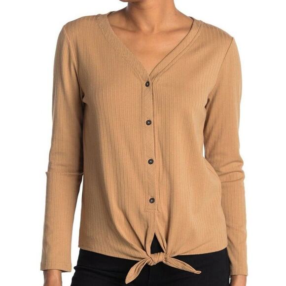 VELVET HEART Women's Camel Ribbed Tie Front V-Neck Long Sleeve Knit Top Sz S - Picture 1 of 6